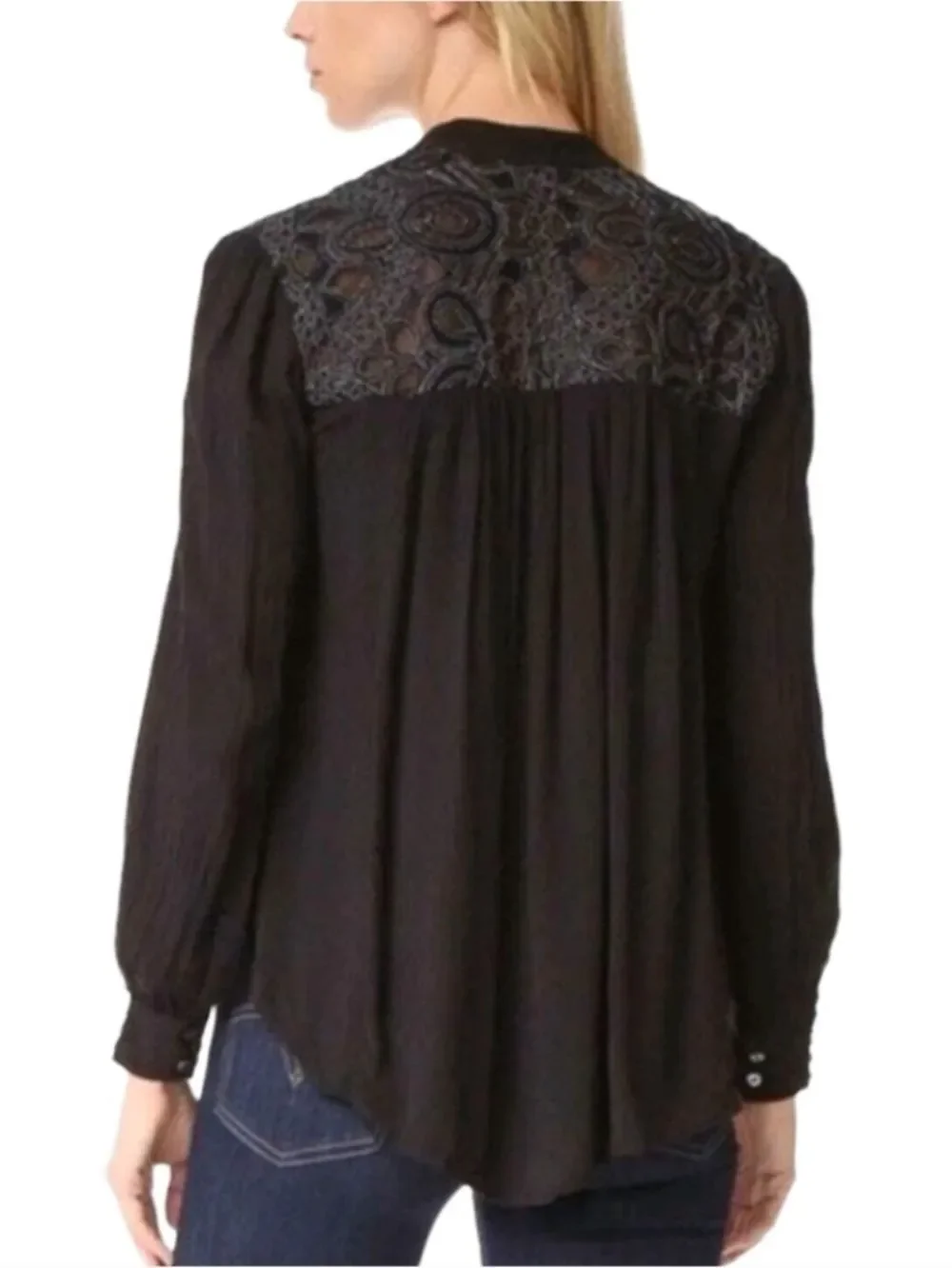 Free People Womens Black Canyon Rose Button Front Long Sleeve Shirt Size Large